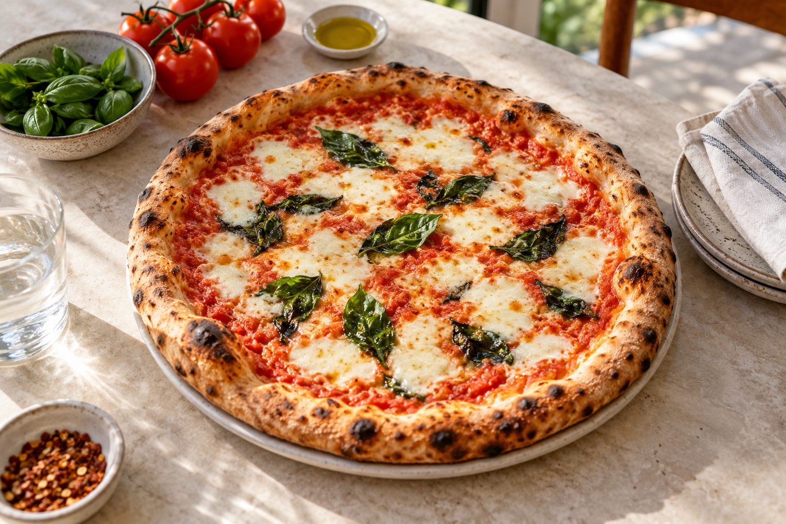 Freshly baked margherita pizza with basil